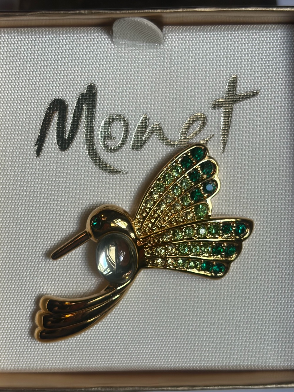 Vintage Signed Monet Hummingbird Brooch Green Rhinestone Jelly Belly Gold in BOX
